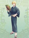  1boy blonde_hair dairoku_ryouhei folding_fan full_body green_background green_eyes hand_fan holding holding_fan japanese_clothes kansai_takeru kimono looking_at_viewer male_focus sandals short_hair solo standing 