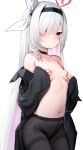  1girl black_eyes blue_archive blush breasts choker commentary cropped hairband highres long_hair navel one_eye_covered pantyhose plana_(blue_archive) simple_background small_breasts somray symbol-only_commentary topless white_background white_hair 