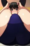  1girl absurdres ass black_hair black_socks blue_buruma blurry blurry_background blush brown_eyes buruma commentary_request crotch_focus feet_up highres hugging_own_legs indoors knees_to_chest looking_at_viewer lying mat matsunaga_kouyou on_back original parted_lips short_hair socks thighs 