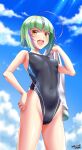  1girl ahoge blue_sky blush breasts cameltoe cloud competition_swimsuit covered_navel cowboy_shot dated day green_hair hand_on_own_hip highleg highleg_swimsuit highres holding kantai_collection looking_at_viewer multicolored_hair one-piece_swimsuit open_mouth orange_eyes outdoors purple_hair short_hair signature sky small_breasts solo swimsuit take_(kancolle) teeth tsuchimiya upper_teeth_only 