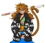  1girl brown_hair down_jacket drip_(meme) highres holding holding_with_tail jacket meme mercuriika monkey_tail prehensile_tail print_coat simple_background solo son_biten supreme_(brand) tail the_north_face touhou twintails upper_body white_background 