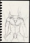 absurd_res anthro balls bovid bovine casual_nudity cattle european_mythology eyes_closed flaccid foreskin fur genitals greek_mythology hi_res horn humannoid_penis humanoid_genitalia humanoid_hands male mammal manly minotaur misaligned muscular muscular_anthro muscular_male mythology nipples nude pecs penis simple_background sketch sketch_page solo solo_focus 