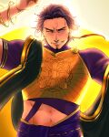  1boy absurdres armor bracelet cropped_shirt duryodhana_(fate) earrings facial_hair fate/grand_order fate_(series) g_g_gera goatee goatee_stubble highres jewelry looking_at_viewer male_focus mature_male navel necklace purple_eyes purple_hair sash shoulder_sash signature single_earring smile solo upper_body 