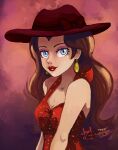  1girl artist_name bare_arms bare_shoulders blue_eyes breasts brown_hair cleavage collarbone dangle_earrings dress earrings eyeshadow fedora gold_earrings gpluky hat jewelry lipstick long_hair makeup mario_(series) pauline_(mario) pink_eyeshadow purple_eyeshadow red_dress red_headwear red_lips sleeveless sleeveless_dress super_mario_odyssey thick_lips 