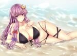  1girl :&lt; alternate_costume bikini black_bikini blue_bow bow breasts cleavage closed_mouth collarbone commentary_request crescent crescent_hair_ornament hair_bow hair_ornament highres huge_breasts light_blush long_hair looking_at_viewer lying navel no_headwear on_side partial_commentary patchouli_knowledge purple_eyes purple_hair red_bow shore solo swimsuit thigh_strap thighs touhou very_long_hair water wet zatma0041 