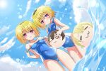 3105lave ball black_hairband blonde_hair blue_one-piece_swimsuit blue_sky breasts clothes_pull cloud covered_navel day dual_persona hairband highres higurashi_no_naku_koro_ni holding houjou_satoko houjou_satoshi maebara_keiichi one-piece_swimsuit one-piece_swimsuit_pull outdoors red_eyes short_hair sky small_breasts standing swimsuit two-tone_swimsuit wading water 