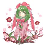  1girl bangs blush flower green_eyes green_hair hair_ribbon highres hinamatsuri japanese_clothes kagiyama_hina long_hair looking_at_viewer own_hands_together red_ribbon ribbon simple_background sitting smile solo star-shaped_pupils star_(symbol) symbol-shaped_pupils touhou user_tppj4775 white_background 