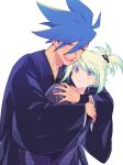  2boys :&lt; blue_hair blush closed_eyes earrings galo_thymos green_hair happy high_ponytail highres hug hug_from_behind japanese_clothes jewelry kome_1022 lio_fotia male_focus multiple_boys official_alternate_costume official_alternate_hairstyle open_mouth otoko_no_ko promare purple_eyes short_hair simple_background size_difference surprised sweatdrop triangle_earrings white_background yaoi 