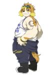  2023 anthro bottomwear canid canine canis clothing domestic_dog hisaki_(live_a_hero) humanoid_hands kemono konbu lifewonders live_a_hero male mammal overweight overweight_male pants shirt simple_background solo tattoo topwear 
