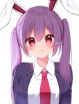  1girl alternate_hairstyle animal_ears bangs blush breasts commentary_request hair_between_eyes highres jacket large_breasts long_hair looking_at_viewer necktie purple_hair rabbit_ears red_necktie reisen_udongein_inaba shinonome_asu shirt simple_background smile solo touhou twintails upper_body white_background white_shirt 