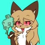  anthro averi_(fiddleafox) brown_body brown_fur canid canine drugs female female_anthro fox fur gloves_(marking) green_eyes hair holding_object low_res mammal marijuana marijuana_blunt markings red_sclera simple_background solo thumbnail unknown_artist white_body white_fur 
