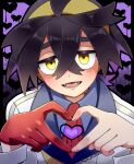  1boy :d black_hair blue_shirt blush collared_shirt commentary_request crossed_bangs fangs gloves hair_between_eyes hairband hands_up heart heart_hands highres jacket kieran_(pokemon) kyouka._(kyouka) looking_at_viewer male_focus necktie open_mouth outline pokemon pokemon_(game) pokemon_sv purple_background red_gloves red_necktie shirt single_glove smile solo tongue upper_body white_jacket yellow_eyes yellow_hairband 