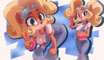  2023 absurd_res activision anthro bandicoot bent_over blep blonde_hair breasts clothed clothing coco_bandicoot countershade_face countershade_torso countershading crash_bandicoot_(series) digital_drawing_(artwork) digital_media_(artwork) ear_piercing ear_ring eyewear eyewear_on_head female fully_clothed gesture goggles goggles_on_head green_eyes hair hand_on_knee hand_on_leg hi_res inker_comics inner_ear_fluff leaning leaning_forward long_hair looking_at_viewer mammal marsupial medium_breasts multicolored_body multicolored_face multicolored_skin orange_body orange_skin overalls piercing ponytail portrait ring_piercing scrunchie shirt smile smiling_at_viewer solo standing tan_body tan_countershading tan_skin three-quarter_portrait tied_hair tongue tongue_out topwear tuft two_tone_body two_tone_face two_tone_skin v_sign white_clothing white_shirt white_topwear 