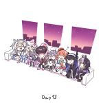  6+girls :3 :d ^_^ arm_support baseball_cap black_hair black_headwear blonde_hair blue_hair character_doll chibi closed_eyes commentary fuwawa_abyssgard grey_hair hat heart highres hololive hololive_english koseki_bijou looking_at_another mask mococo_abyssgard mori_calliope multicolored_hair multiple_girls nerissa_ravencroft pink_hair shiori_novella simple_background sitting smile ta_wam takanashi_kiara two-tone_hair white_background window |_| 