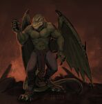  2023 anthro bottomwear clothing cu_sith_(artist) digital_media_(artwork) fire foot_wraps green_body green_scales hi_res loincloth looking_down male membrane_(anatomy) membranous_wings muscular muscular_anthro pants raised_arm sargorn scales scalie signature spread_wings standing tail teeth wing_claws wings wraps 