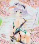 1girl animal_ears ass black_hairband breasts cherry_blossoms closed_mouth cowboy_shot easter from_behind ghost green_eyes green_leotard grey_hair hairband konpaku_youmu konpaku_youmu_(ghost) leotard looking_at_viewer looking_back marker_(medium) multiple_swords outdoors playboy_bunny rabbit_ears rabbit_tail short_hair small_breasts solo stairs sword sword_behind_back tail thighhighs touhou traditional_media wassmint weapon white_thighhighs 