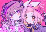  2girls bangs_pinned_back blush bow braid choker closed_mouth crossover d4dj dated denonbu double_bun hair_bow hair_bun hairband headphones heart highres inubousaki_shian inuyose_shinobu jacket kiato long_sleeves looking_at_viewer multiple_girls official_art open_mouth pink_background pink_hair purple_eyes purple_hair second-party_source short_hair signature smile twin_braids upper_body yellow_eyes 