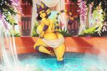  3:4 animal_crossing ankha_(animal_crossing) ankha_zone annoyed anthro bath bathing big_breasts big_butt blue_hair blush breasts butt censored clothing detailed_background digital_drawing_(artwork) digital_media_(artwork) domestic_cat egyptian feet felid feline felis female flower from_behind_position full-length_portrait hair hi_res hot_spring huge_breasts huge_butt ikstina looking_at_viewer looking_back makeup mammal nintendo pawpads paws pinup plant portrait pose rear_view sex shaded solo solo_focus steam tail thick_thighs towel towel_only water wet wet_body wide_hips yellow_body 