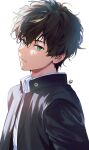  1boy artist_logo black_jacket brown_hair collared_shirt green_eyes highres hyouka jacket looking_at_viewer male_focus mery_(yangmalgage) open_clothes open_jacket oreki_houtarou parted_lips school_uniform shiny_clothes shirt short_hair solo teeth upper_body white_shirt 