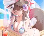  1girl animal_ears arm_on_table arm_under_breasts ass bare_arms bare_shoulders beach bead_bracelet beads bikini blue_archive blue_sky blush bracelet breasts brown_hair cleavage closed_mouth cloud commentary covered_nipples cowboy_shot crazy_straw cup day drinking_glass drinking_straw elbow_on_table flower food fox_ears fox_girl fox_mask fox_tail fruit hair_flower hair_ornament halo halterneck hand_on_own_cheek hand_on_own_face hand_up heart_straw hell.k ice ice_cube jewelry large_breasts leaning_forward leaning_on_object leaning_on_table light_particles long_hair looking_at_viewer low_ponytail mask mask_on_head ocean official_alternate_costume orange_(fruit) orange_slice outdoors ponytail purple_flower sidelocks sky smile solo standing string_bikini sweat swimsuit table tail tropical_drink umbrella very_long_hair wakamo_(blue_archive) wakamo_(swimsuit)_(blue_archive) white_bikini yellow_eyes 