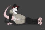  2d_(artwork) american_opossum anthro anus athena_(pilot_zeg) beanie beanie_only bedroom_eyes black_body black_fur black_hair breasts butt clothing digital_drawing_(artwork) digital_media_(artwork) digitigrade ear_piercing ear_tuft eyebrows eyelashes female fur genitals grey_body grey_fur hair hair_over_eye hat headgear headwear hi_res inner_ear_fluff legs_together long_hair looking_back lying mammal marsupial narrowed_eyes neck_tuft on_side one_eye_obstructed pawpads paws piercing pilot_zeg prehensile_tail presenting presenting_anus presenting_hindquarters presenting_pussy pussy raised_tail seductive shadow side_boob simple_background smile solo tail tail_tuft tuft whisker_spots white_body white_fur 