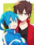  1boy 1girl averting_eyes black_eyes black_shirt blue_eyes blue_hair blue_jacket brown_hair collarbone collared_jacket commentary double-parted_bangs empty_eyes ene_(kagerou_project) facial_mark green_background hair_between_eyes headphones high_collar jacket kagerou_project kisaragi_shintarou kyokutsuki looking_at_viewer looking_to_the_side no_nose no_pupils notice_lines open_mouth outside_border parted_lips popped_collar shirt short_hair side-by-side single_stripe smile striped striped_jacket t-shirt track_jacket twintails two-tone_background upper_body v-neck very_long_sleeves white_background white_stripes zipper zipper_pull_tab 