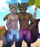  abs arms_around_another beach ben_rummage_(blair93) bottomwear clothed clothing codymathews daniel_cooper_(blair93) fan_character hut male mammal open_mouth open_smile palm_tree partially_clothed plant procyonid raccoon sand sea seaside shorts smile tree water 