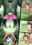  anthro areola big_breasts breasts comic feral fur generation_9_pokemon green_body green_fur hinata_sakamoto human mammal meowscarada nintendo pokemon pokemon_(species) size_difference smaller_feral sprigatito young 