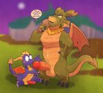  activision argon_vile balls claws comparing dialogue duo english_text erection genitals hammer hi_res horn jewelry male male/male necklace nestor_(spyro) outside penis penis_size_difference sitting size_difference spyro spyro_the_dragon text tools wide_eyed wings 