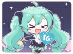  &gt;_&lt; 1girl :d balloon black_gloves black_thighhighs blush_stickers chibi closed_eyes elbow_gloves facing_viewer full_body gloves green_hair hair_between_eyes hatsune_miku heart long_hair najo navel partially_fingerless_gloves signature smile solo thighhighs twintails very_long_hair vocaloid xd 