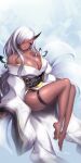  1girl absurdres barefoot breasts character_request cleavage dark-skinned_female dark_skin furisode hair_over_one_eye highres horns japanese_clothes kimono large_breasts long_hair looking_at_viewer obi sash single_horn solo thigh_strap toriseru_(rare_stone) trickcal very_long_hair white_hair white_kimono wide_sleeves yellow_eyes 