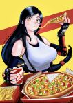  1girl absurdres black_gloves blush bossketeo can cheese cheese_trail eating elbow_gloves final_fantasy final_fantasy_vii fingerless_gloves food gloves highres holding holding_food holding_pizza long_hair looking_at_viewer low-tied_long_hair pepperoni pizza pizza_box pizza_slice red_eyes solo suspenders tank_top tifa_lockhart white_tank_top 