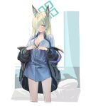  1girl animal_ear_fluff animal_ears armband bed black_bra black_jacket blonde_hair blue_archive blue_eyes blue_necktie blue_shirt bra breasts cleavage collared_shirt extra_ears flying_sweatdrops hair_over_one_eye halo highres jacket kanna_(blue_archive) long_hair looking_to_the_side necktie ningen_(ningen96) no_pants notched_ear off_shoulder partially_unbuttoned shirt solo standing underwear 