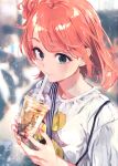  1girl blue_eyes blurry blurry_background bubble_tea commentary_request cup drinking_straw drinking_straw_in_mouth fingernails hair_bun highres holding holding_cup nail_polish ponkan_8 red_hair red_nails revision shirt short_hair single_side_bun solo suspenders t-shirt upper_body white_shirt yahari_ore_no_seishun_lovecome_wa_machigatteiru. yuigahama_yui 