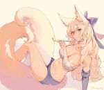  1girl animal_ears bare_shoulders blue_gloves blue_ribbon blue_shorts breasts cleavage commission elbow_gloves fox_ears fox_girl fox_tail gloves groin hair_ribbon holding holding_smoking_pipe large_breasts long_hair looking_at_viewer multiple_tails navel original ribbon roarke_(lavenderincubus) sarashi short_shorts shorts simple_background smile smoking_pipe solo stomach tail two_tails white_background white_hair 