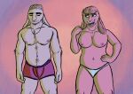 abdominal_bulge absurd_res anthro bangs belly body_hair breasts chest_hair clothing confident dennistomcat duo ear_piercing embarrassed eyelashes female floppy_ears hi_res jewelry lagomorph leporid male male/female mammal navel necklace piercing rabbit thighs underwear 