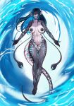  absurd_res allanel amphibian anthro blue_body blue_hair blue_skin breasts female hair hi_res monster_girl_(genre) nipples piercing solo tail tattoo water 