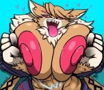  &lt;3 2023 abs anthro areola big_breasts big_hands breasts brown_body brown_fur female fur glubtastic hi_res huge_breasts hyper hyper_breasts looking_back markings meicrackmon_vicious_mode nipples open_mouth pupils red_sclera sharp_teeth signature simple_background solo teeth text tongue tongue_out unusual_pupils yellow_eyes 