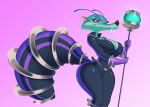  2d_(artwork) alien antennae_(anatomy) anthro big_breasts big_tail blue_sky_studios breasts clothing curvy_figure daxzor eyelashes eyeshadow fangs female fur gloves green_body green_fur handwear hi_res hourglass_figure ice_age_(series) looking_at_viewer makeup mammal purple_background purple_clothing purple_eyes purple_gloves purple_handwear rodent sabertooth_(anatomy) sciurid scratazon scratazon_leader simple_background smile smirk solo staff tail teeth thick_thighs tight_clothing wide_hips 