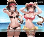 2girls bikini black_bikini blue_eyes blue_sky breasts brown_hair cloud commentary day dialogue_box double_bun english_text floating_hair grin hair_bun hand_on_own_hip high_ponytail highres hilda_(pokemon) holding holding_poke_ball large_breasts long_hair looking_at_viewer medium_breasts multiple_girls navel ocean open_mouth outdoors pink_bikini poke_ball poke_ball_(basic) pokemon pokemon_(game) pokemon_bw pokemon_bw2 rosa_(pokemon) sarong sky smile stomach swimsuit symbol-only_commentary twintails visor_cap watch wet wristwatch yellow_sarong zasshu 