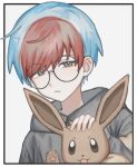  1girl blue_hair border closed_mouth commentary eevee glasses grey_eyes hand_on_another&#039;s_head hood hood_down hoodie multicolored_hair penny_(pokemon) pokemon pokemon_(creature) pokemon_(game) pokemon_sv red_hair reguris round_eyewear short_hair two-tone_hair upper_body white_background white_border 