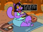  anthro basket biped black_hair catty_(undertale) clothed clothing container deltarune felid feline female food fur hair ifra looking_at_viewer mammal musical_instrument outside picnic picnic_basket picnic_blanket purple_body sandwich_(food) solo undertale_(series) yellow_eyes 