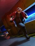  anthro belly big_belly big_mustache chasing clothing dr._eggman duo eulipotyphlan eyewear facial_hair footwear frown glasses gloves goggles hair handwear hedgehog hi_res human humor male mammal mature_male motion_blur mustache orange_hair overweight running sega shoes size_difference sonic_the_hedgehog sonic_the_hedgehog_(series) space totesfleisch8 