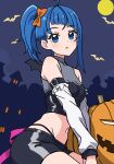  1girl :o ahoge arm_belt bat_(animal) bat_hair_ornament black_shirt black_skirt blue_eyes blue_hair bow castle commentary cropped_shirt cut_bangs detached_sleeves full_moon groin hair_bow hair_ornament halloween halloween_costume halterneck highleg highleg_panties highres hirogaru_sky!_precure jack-o&#039;-lantern kousuke0912 looking_at_viewer medium_hair midriff miniskirt moon navel night open_mouth orange_bow outdoors panties pencil_skirt precure shirt single_sidelock sitting skirt solo sora_harewataru string_panties underwear white_sleeves 