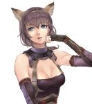  1girl animal_ear_fluff animal_ears avatar_(ff11) black_gloves breasts brown_hairband cactus41747280 cat_ears cat_girl cleavage eyelashes final_fantasy final_fantasy_xi fingerless_gloves gloves hair_between_eyes hairband hand_up highres medium_breasts medium_hair mithra_(ff11) open_mouth pink_lips pink_pupils purple_hair simple_background solo teeth upper_body upper_teeth_only white_background 