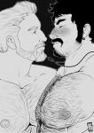  2boys bara beard beard_stubble blush chest_hair couple doctor_anfelo earrings facial_hair foreplay from_side goatee greyscale hairy highres implied_sex jewelry large_pectorals long_sideburns looking_at_another male_focus mature_male monochrome multiple_boys muscular muscular_male nipples nude original pectorals profile sanpaku short_hair sideburns sideburns_stubble sweat thick_eyebrows thick_mustache upper_body yaoi 