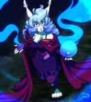  anthro bare_shoulders blue_eyes blue_hair canid canine canis cloak clothing curled_hair female fur hair hi_res lipstick long_hair looking_up magic magic_user makeup mammal ooo-belise-ooo solo walking watermark white_body white_fur wolf 