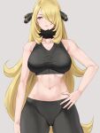  1girl abs armpit_crease black_pants blonde_hair breasts collarbone commentary_request crop_top cynthia_(pokemon) fur_collar grey_eyes hair_ornament hair_over_one_eye hand_on_own_hip highres large_breasts leggings long_hair midriff navel oyasu_(kinakoyamamori) pants pokemon pokemon_(game) pokemon_dppt solo v-neck very_long_hair wavy_hair 