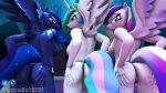  3d_(artwork) absurd_res anthro anus choker crown cutie_mark digital_media_(artwork) equid equine female friendship_is_magic genitals group hasbro headgear hi_res horn jewelry looking_at_viewer looking_back mammal my_little_pony necklace presenting princess_cadance_(mlp) princess_celestia_(mlp) princess_luna_(mlp) pussy shadowboltsfm tiara trio winged_unicorn wings 