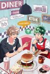  2boys :q ? acronym all_might alternate_costume alternate_hair_color apron artist_name bacon bakugou_katsuki barcode black_shirt black_wristband boku_no_hero_academia booth_seating breast_pocket brown_hair bucket burger buttons character_logo character_name closed_mouth collared_shirt copyright_name cup dated diner disposable_cup doughnut dress_shirt egg_yolk employee_uniform english_text eye_contact eyebrows_hidden_by_hair fast_food fast_food_uniform food food_on_face freckles french_fries fried_egg frown green_eyes green_hair hair_between_eyes halftone halftone_texture hand_to_own_mouth hands_up highres holding holding_food hot_dog hot_dog_bun indoors ketchup lettuce looking_at_another looking_to_the_side lower_teeth_only male_focus meat menu midoriya_izuku mixed-language_text mug multiple_boys name_tag open_mouth pixiv_username plate pocket popcorn raised_eyebrow red_apron red_eyes romaji_text sanpaku shirt short_hair sideways_glance sign sitting sleeve_cuffs soda speech_bubble spoken_question_mark sprinkles steak table talking teeth tomato tomato_slice tongue tongue_out toothpick twitter_username ume_(326310) uniform upper_body v-shaped_eyebrows white_shirt wrapper 